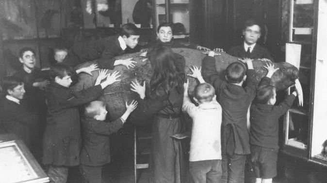 Niños palpando una morsa en el Sunderland Museum