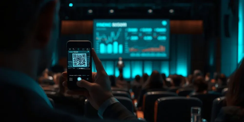 A QR code displayed at a conference, representing the security risk of open listener access in AI interpretation events.