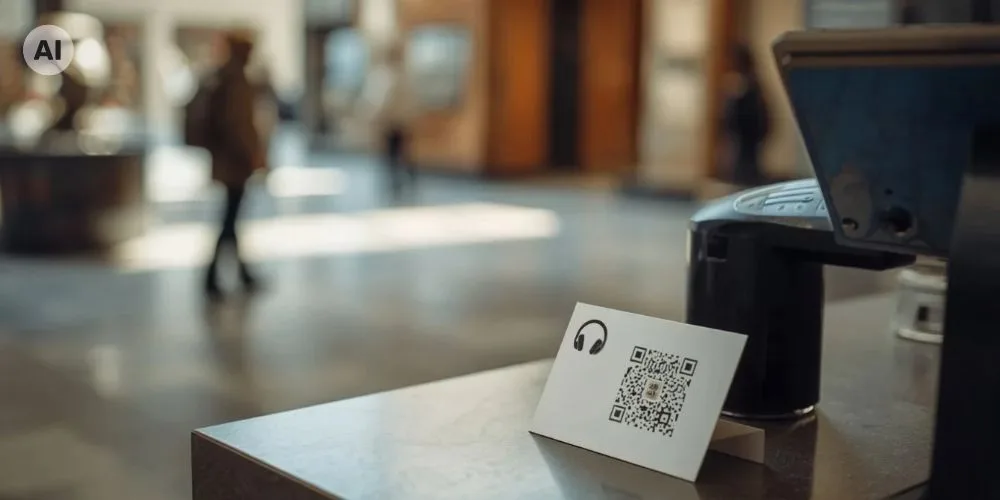 Audioguide-Karte mit QR-Code und Kopfhörer-Symbol an der Museumskasse
