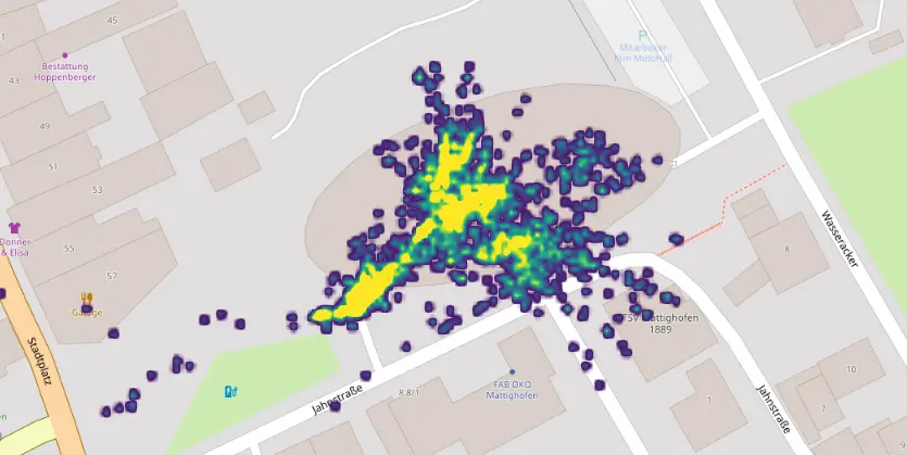 Mappa di calore dei movimenti dei visitatori sovrapposta alla pianta di un museo, generata dai dati di geotracking con consenso esplicito in Nubart GUIDE