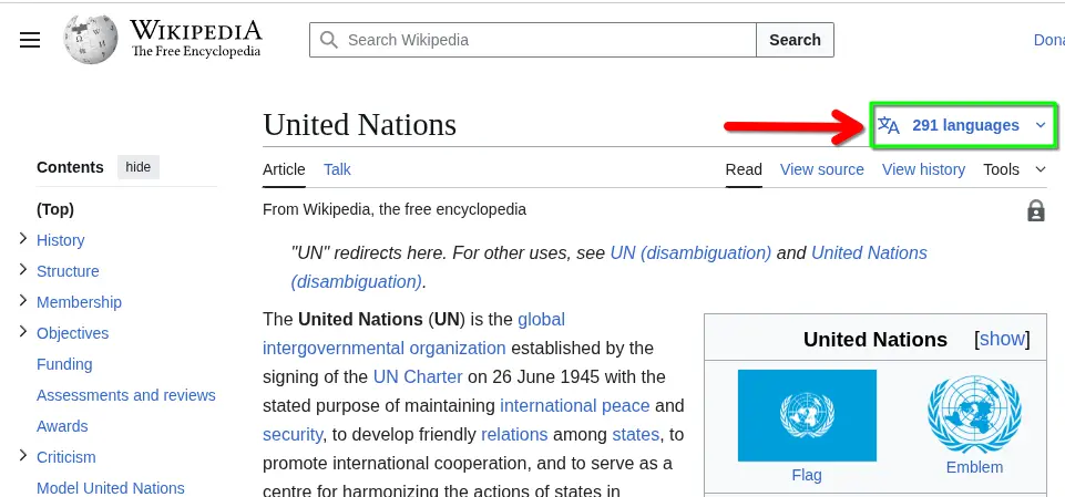 language menu in Wikipedia: a great help to find the conventional name of institutions