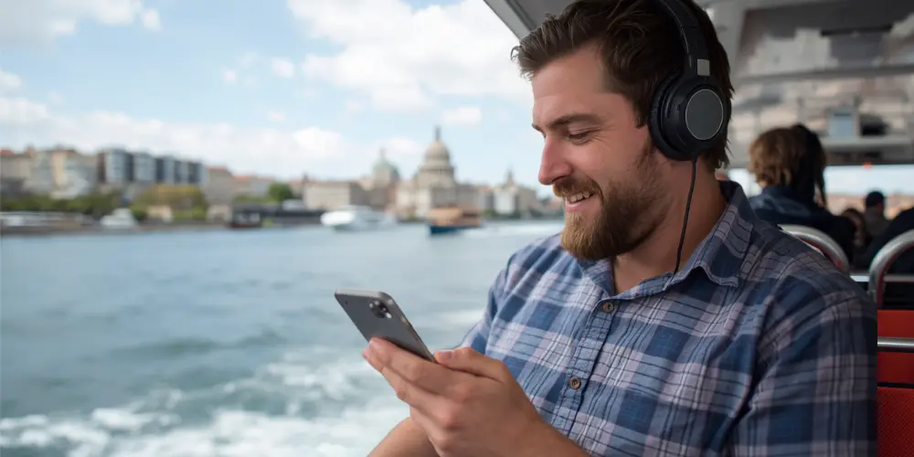 Passenger on a sightseeing boat using smartphone to listen to audio commentary and enjoying the view, ignoring the  PA system.