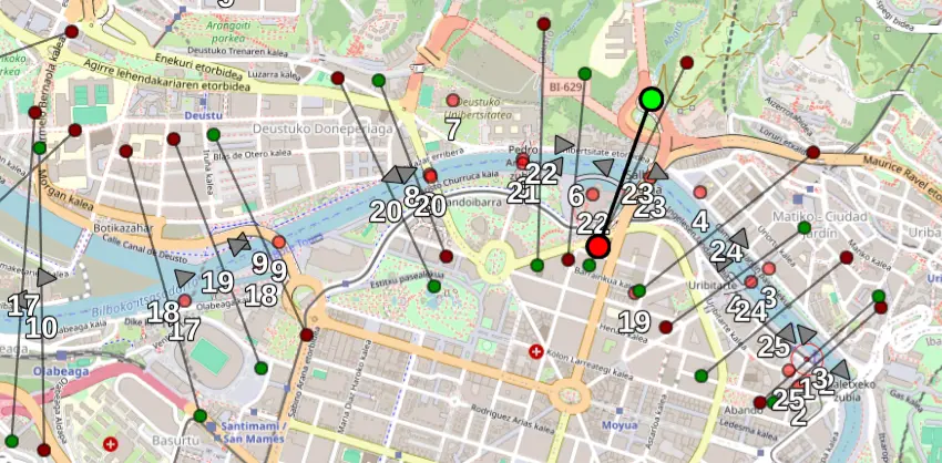 Map showing directional trigger lines drawn across a harbour waterway, used to activate audio commentary automatically as a vessel crosses each line