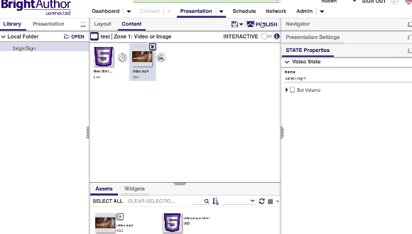 BrightSign Author content view showing video.mp4 and videoplayer.html loaded together