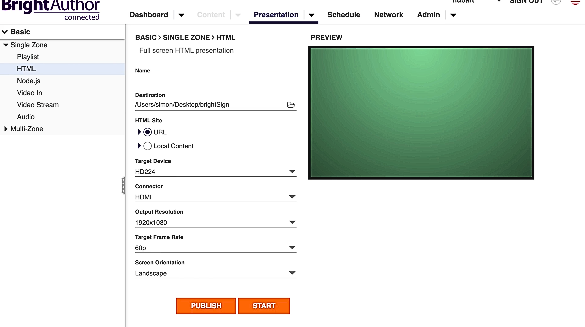 BrightSign Author Single Zone HTML presentation setup dialog