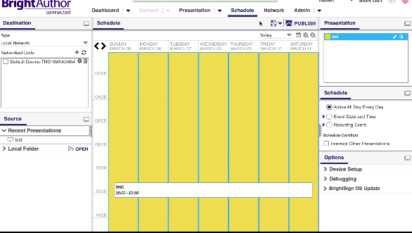 BrightSign Author schedule screen with a target device selected and the Publish button