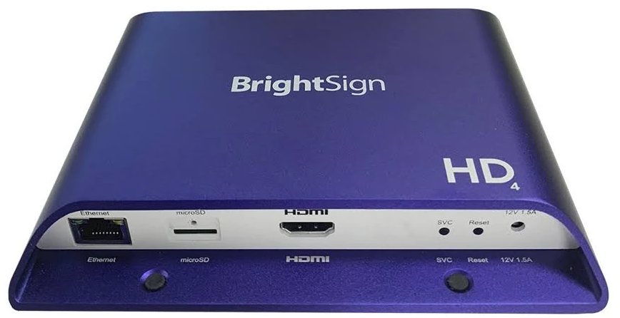 A BrightSign media player, connected via HDMI and Ethernet