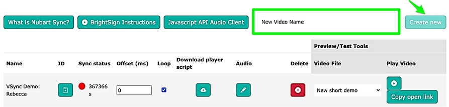 Creating a new video instance and selecting its video file in the Nubart SYNC platform