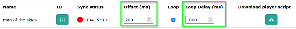 Loop checkbox in the Nubart SYNC video instance table