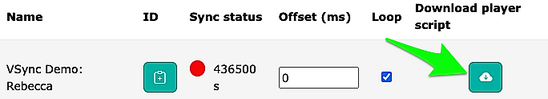 Download player script button in the Nubart SYNC video instance table