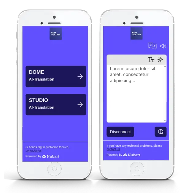 Examples of Nubart TRANSLATE's custom layout for an event in two rooms